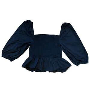 AVEC LES FILLES Black Smocked Puff Sleeve Top Blouse Peasant Square Neck